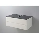 byLIVING Waschtisch SHAPE / Bad Waschunterschrank für Aufsatzwaschbecken / mit Glasplatte grau / Front Hochglanz Weiß / 2 Schubladen mit Griffleiste / Korpus Melamin weiß / 80 x 33 x 46 cm (BxHxT)