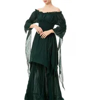 jakloz Halloween Kostüm Damen Mittelalter Renaissance Kleidung mit Korsett Gürtel Retro Maxikleid Viktorianischen Gothic Kleid Halloween Karneval Party Cocktailkleid(Grün,XL)