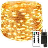 Liyade 10M LED Lichterkette aus Kupferdraht, 100LEDs Warmweiß Lichterkette mit Remote-Timer, Wasserdicht 8 Modi & 4 Helligkeitsstufen, Innen Außen Deko für Weihnachten Garten Party Hochzeit