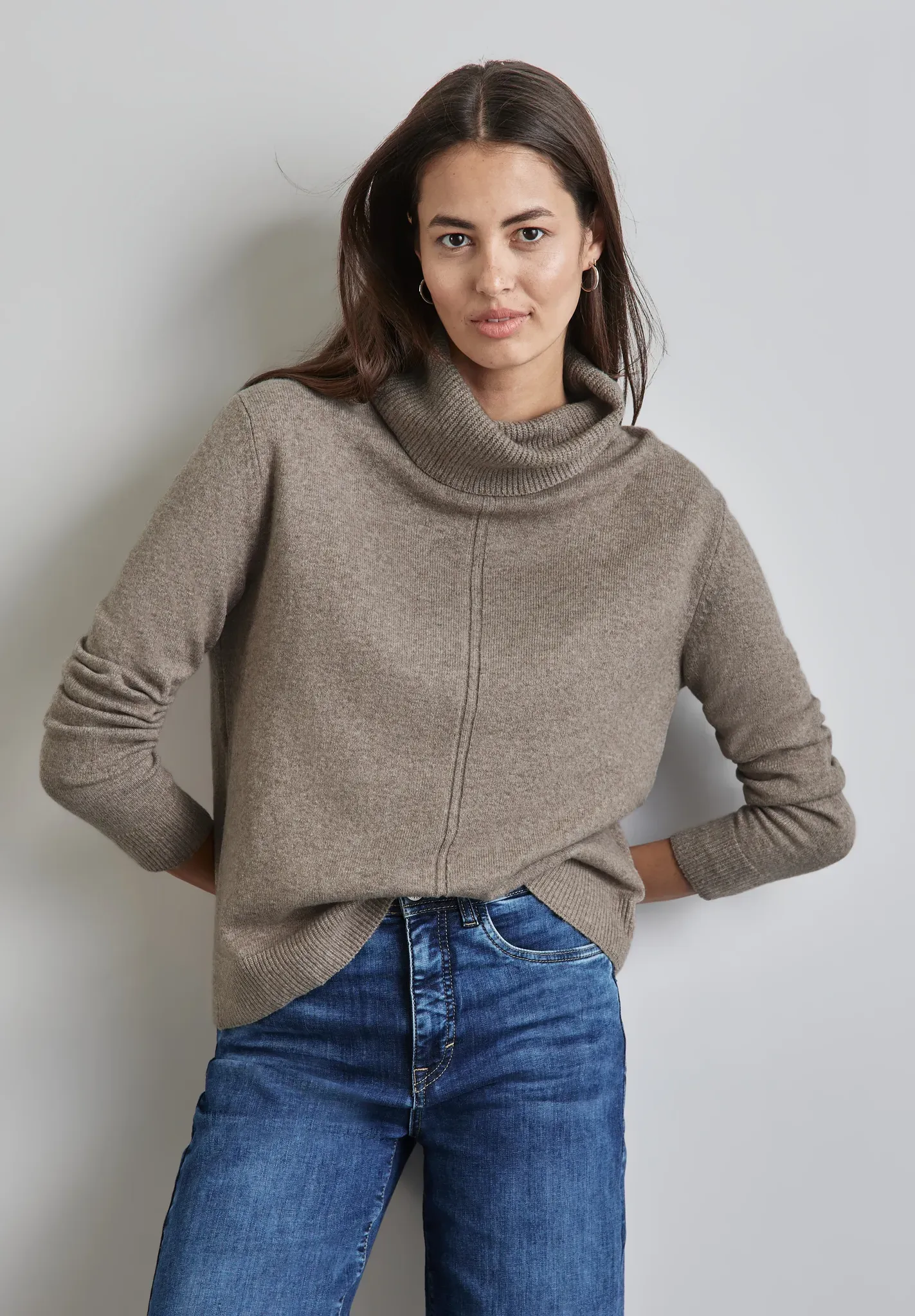 Rollkragenpullover STREET ONE Gr. 44, beige (mocha meliert) Damen Pullover in melierter Optik