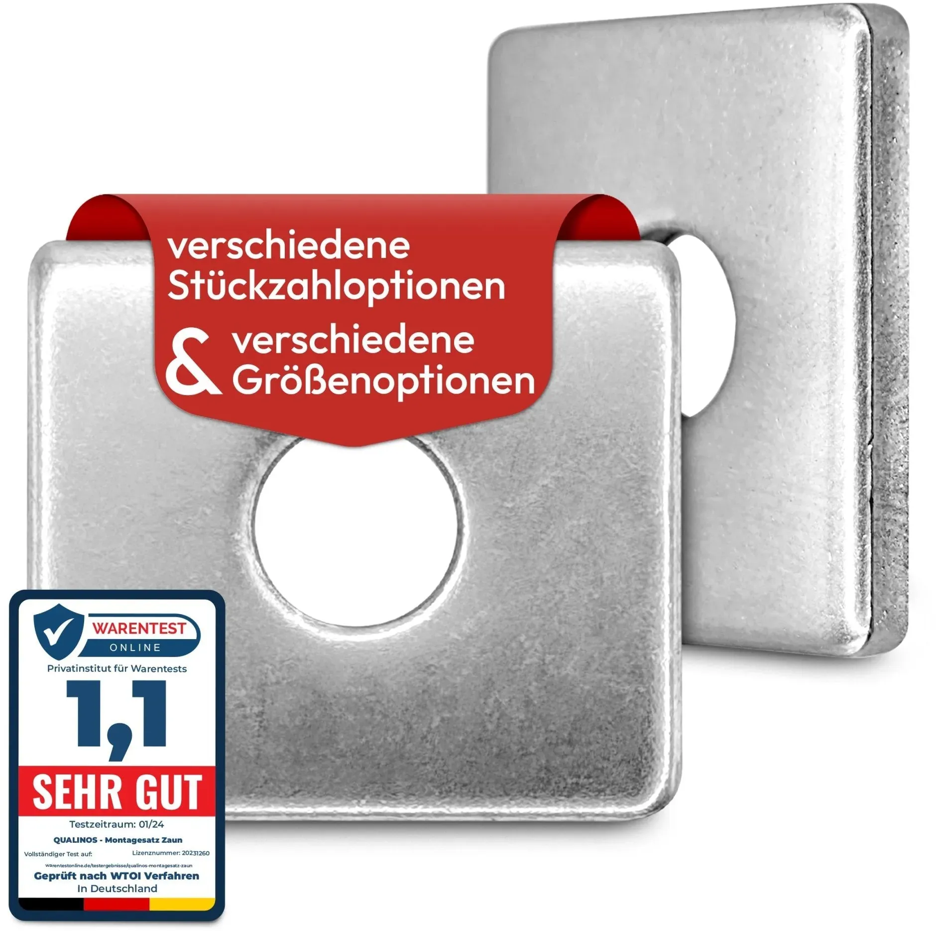 200 Stück – Qualinos Klemmplatte 31,5 x 26 x 3 mm aus V2A Edelstahl 1.4301. Poliert, entgratet. 9mm Loch für M8 Schrauben. Ideal für Neubau und als Ersatzteil bei Doppelstabmattenzäunen.