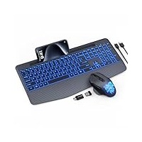 Kabellose Tastatur und Maus mit 7 farbigen Hintergrundbeleuchtungen, Handgelenkauflage, wiederaufladbare, ergonomische Tastatur mit Handyhalterung, leise beleuchtet, volle Größe, Combo für Fenster,