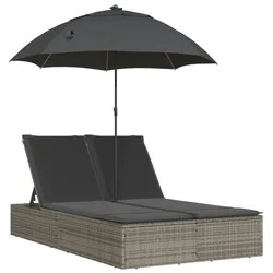 vidaXL Doppel-Sonnenliege mit Kissen & Sonnenschirm Grau Poly Rattan