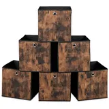 Relaxdays Aufbewahrungsbox, 6er Set, HxBxT: 33x33x33 cm, Stoff, Holzoptik, Griffloch, faltbare Regalboxen, schwarz/braun