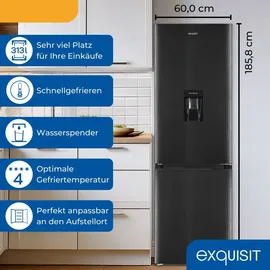 GGV Exquisit Exquisit Kühl-Gefrierkombination KGC5320-95-E-WS-040C inoxlook-az | Nutzinhalt: 313 L | Wasserspender | 4*-Gefrieren | Alarm-Funktion | 4 Glasablagen - Schwarz