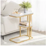 SoBuy Beistelltisch FBT110, Wohnzimmertisch Ablagetisch, C-Form, mit 2 Ablagen Sofatisch Kaffeetisch Laptoptisch Betttisch Pflegetisch goldfarben