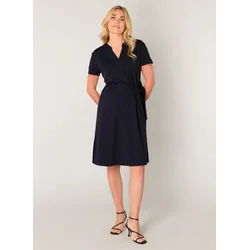 Sommerkleid BASE LEVEL "YEN", Damen, Gr. 44, N-Gr, blau (dunkelblau), Web, Obermaterial: 65% Viskose, 30% Nylon, 5% Elasthan, unifarben, casual, gerade knielang, tiefer V-Ausschnitt, Kurzarm, Kleider, mit Bindegürtel