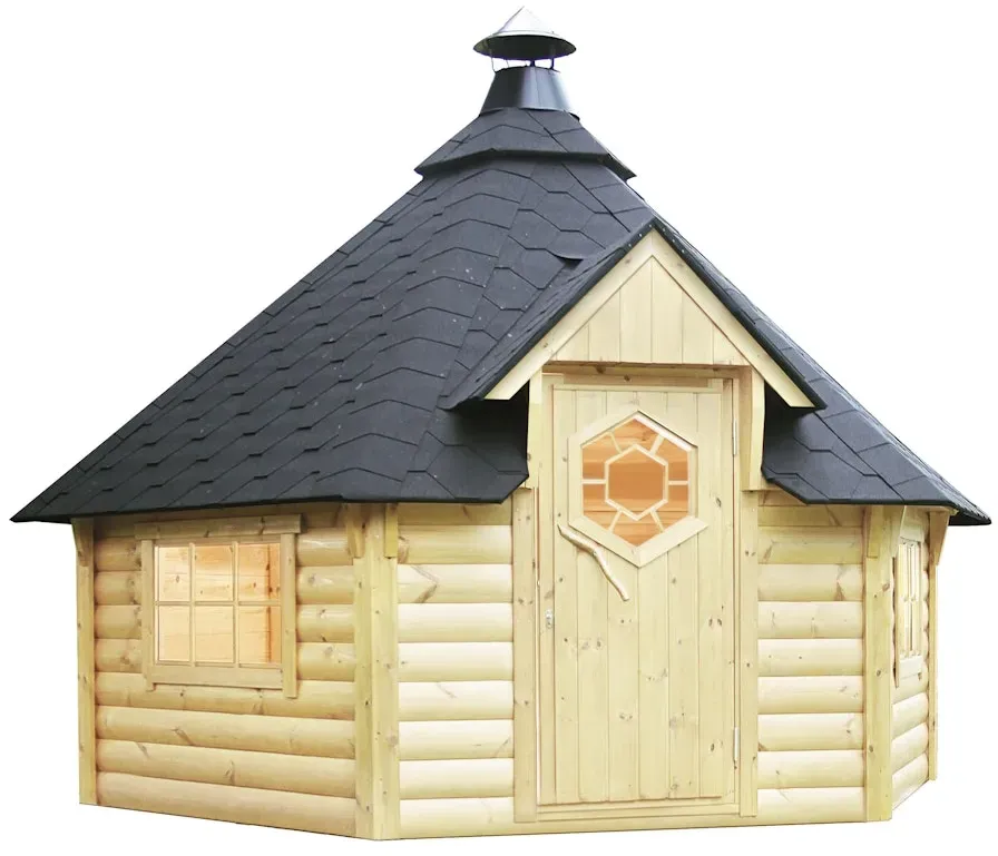 Wolff Finnhaus Grillkota Kalle 3833 45 mm - mit schwarzen Dachschindeln naturbelassen Mit Grillanlage