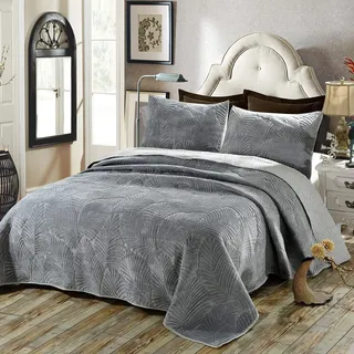 XIUWOUG tagesdecke 220x240 grau mit Kissen Set Bettüberwurf Sofaüberwurf Bett Decke Gesteppt Steppdecke,Einfarbig Wendbare Tagesdecken