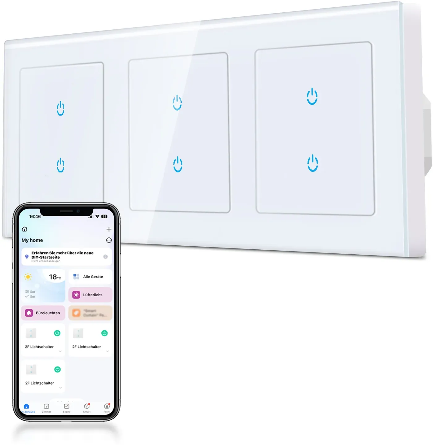 CURRYSMARTER 2Fach 1Weg WLAN Smart Lichtschalter 10A-3Fach