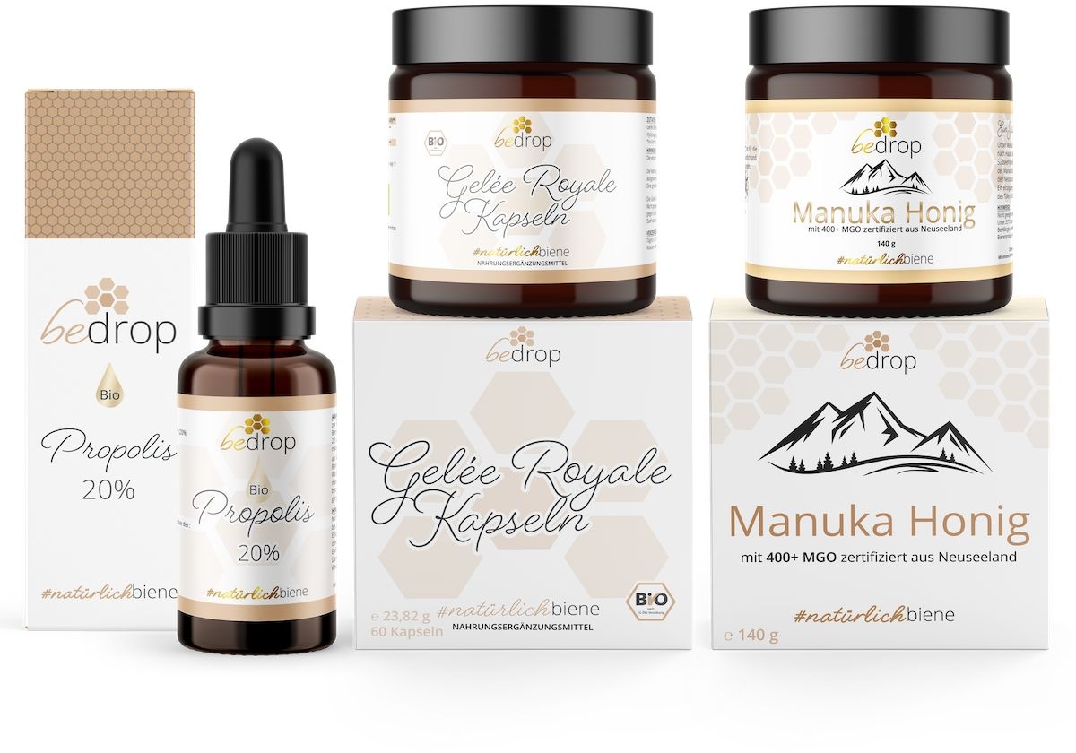 bedrop Bleib Stark-Set | Propolis Tinktur, Gelee Royal Kapseln & Manuka Honig 360 g