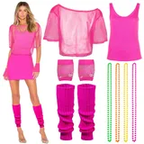 Moiuguli 80er 90er Jahre Outfit Damen,9PCS 80er Faschingskostüme Damen Netzoberteil+Weste+Halsketten+Beinstulpen+Ohrringe+lange Netzhandschuhe 80er Jahre Accessoires 80s 90s Retro Disco Party - 3XL