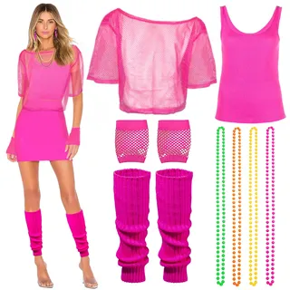 Moiuguli 80er 90er Jahre Outfit Damen,9PCS 80er Faschingskostüme Damen Netzoberteil+Weste+Halsketten+Beinstulpen+Ohrringe+lange Netzhandschuhe 80er Jahre Accessoires 80s 90s Retro Disco Party - 3XL