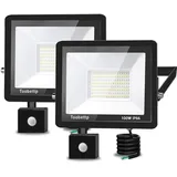 100W LED Strahler mit Bewegungsmelder Außen, Superhell 6500K 10000LM Kaltweiß LED Fluter Leuchte mit Bewegungssensor, IP66 Wasserdicht Außenstrahler Fluter Flutlicht für Garten, Innenhöfe, 2-teilig