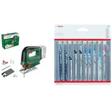 Bosch Akku-Schleifer UniversalSander 18V-10 (ohne Akku; 18 Volt System; für die DIY-Holzbearbeitung; 32x Schleifpapier) + Accessories 10tlg. Stichsägenblätter Set (für Holz und Metall, Zubehör)