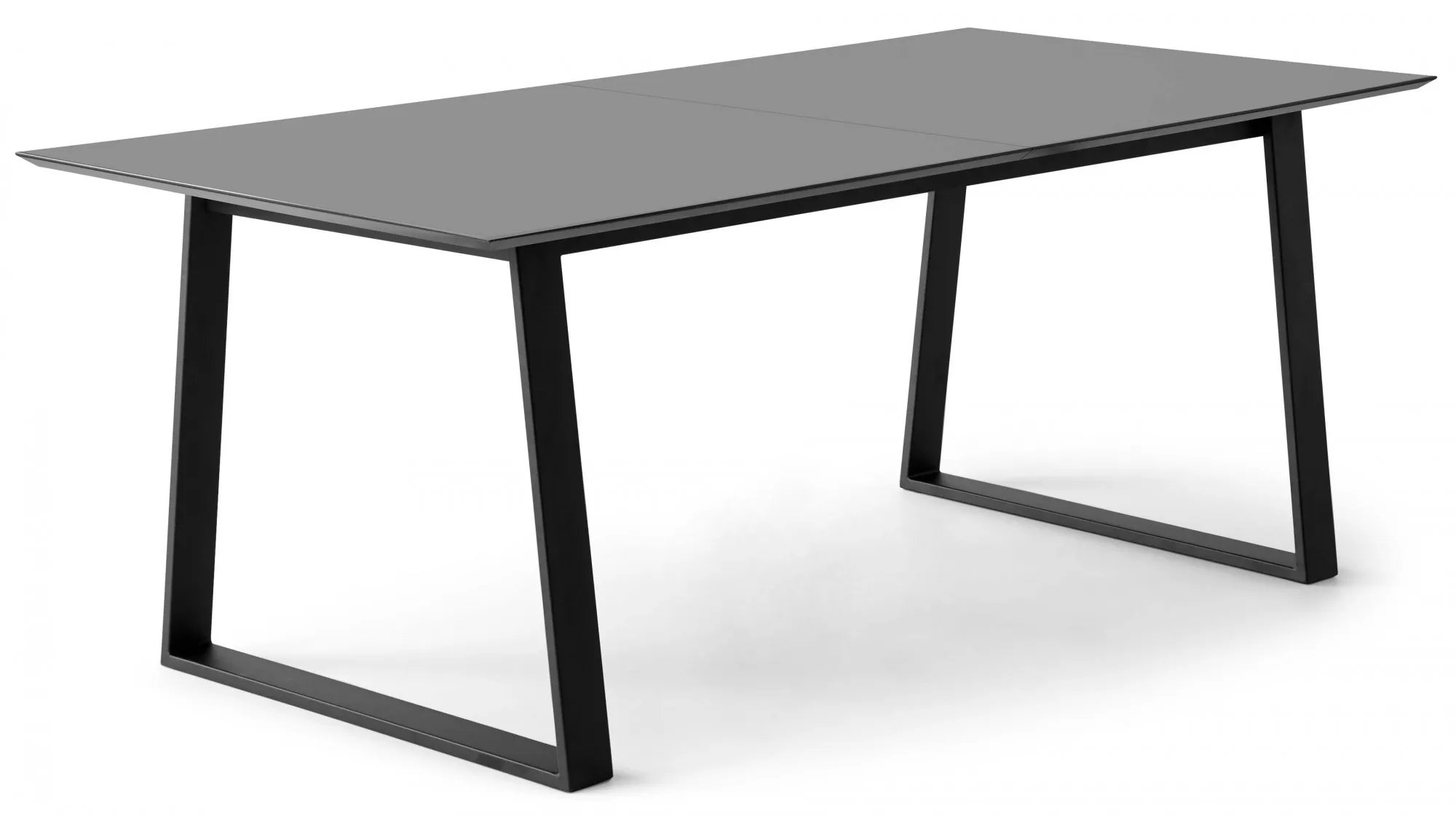 Esstisch HAMMEL FURNITURE "Meza Designtisch mit Auszugsfunktion und 2 Einlegeplatten", grau (graphit, schwarz, graphit), B:210cm H:73,5cm, Tischplatte: Graphit nanobehandeltes Fenix-Laminat (schwarzer Rand), Gestell: Pulverbeschichtetes schwarzes Metall, RAL9005 matt. Mit nanobehandeltem Laminat, einer matten, seidigen Oberfläche, die Fingerabdrücke abweist und langlebig und hygienisch ist., Tische, rechteckige Tischplatte MDF, Trapez Metallgestell