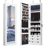 GIANTEX Schmuckschrank mit 5 LED, Schmuckregal Schmuckkommode mit Ganzkörperspiegel, abschließbarer Spiegelschrank Wandschrank für Ketten, Ohrringe, an der Tür hängend, weiß