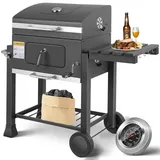 Grau Holzkohlegrills, Grillwagen, Holzkohlegrills XL, Groß Kohlegrill, Griller, Smoker Holzkohlegrill mit Deckel, Rädern, Grillrost und Thermometer, Höhenverstellbar, BBQ Grill für camping und Garten