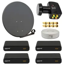 PremiumX Premium X Satelliten-Komplettanlage 4 Teilnehmer 60cm Antenne Anthrazit SAT Quad LNB 50m Antennenkabel 4x HD TV Sat-Receiver