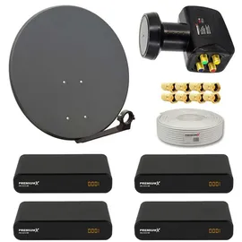 PremiumX Premium X Satelliten-Komplettanlage 4 Teilnehmer 60cm Antenne Anthrazit SAT Quad LNB 50m Antennenkabel 4x HD TV Sat-Receiver