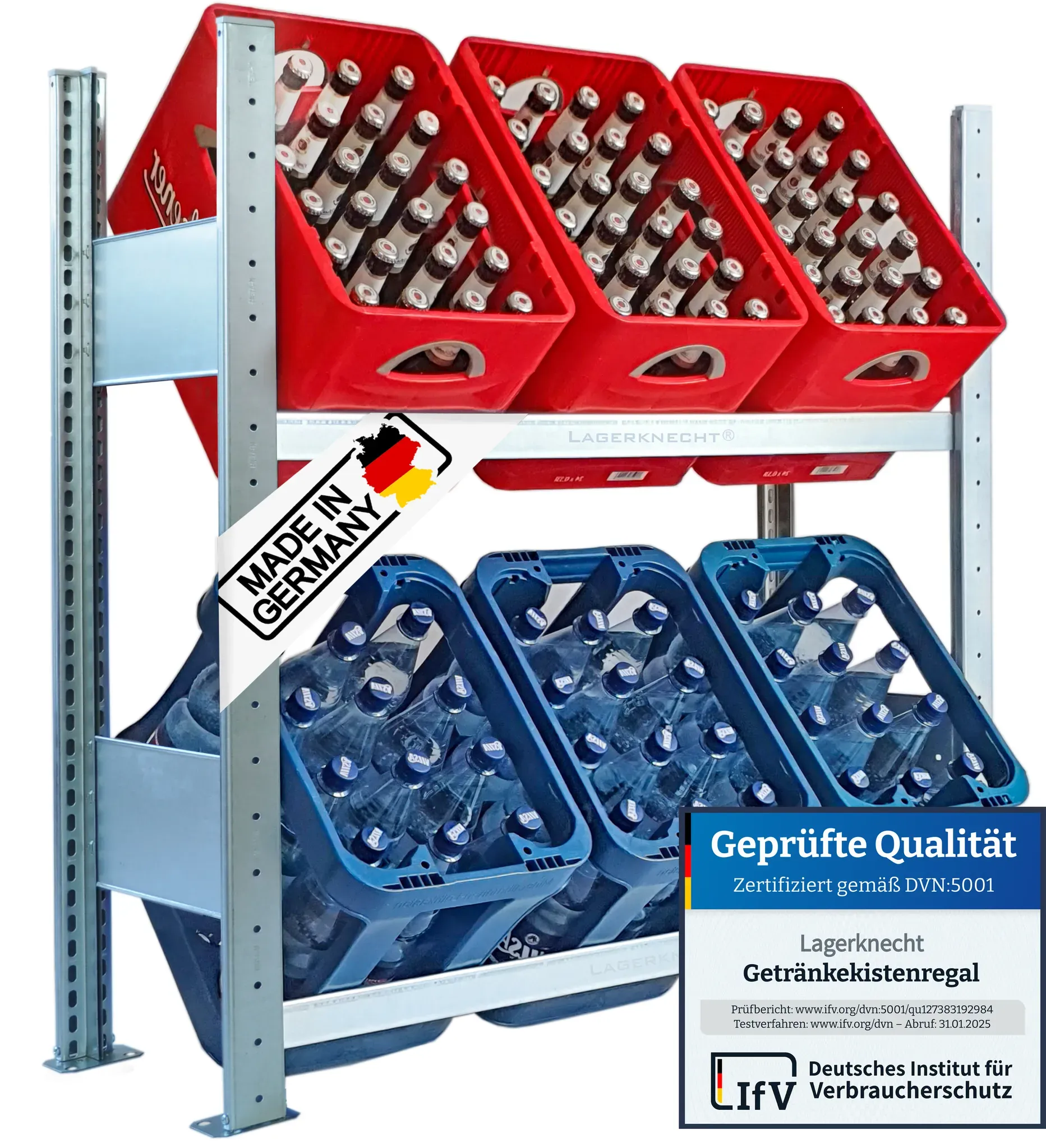 Getränkekistenregal 100×100 cm – 2 Ebenen, Grundregal, verzinkt [GR100-2E-001]