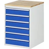 RAU Schubladenschrank Serie 7000, HxBxT 825 x 580 x 650 mm, 6 x 90%-Auszug-Schubladen 6 x 120 mm, Arbeitsplatte Buche