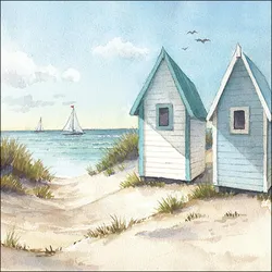 Ambiente 20 Servietten 33x33cm 3-lagig Strandmotiv mit Badehäuschen & Meer im Aquarellstil maritim Einweg Papierservietten Sommer Party Tischdeko