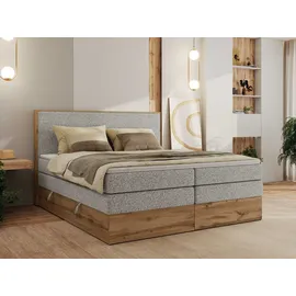 MKS Meble Boxspringbett WOOD CLASSIC KING, Doppelbett mit zwei Multipocket-Matratze und Toppper, hohe Kopfteil, Stauraum - 200 x 200 cm - H3 - Hellgrau