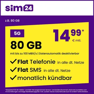 sim24 Handytarif z.B. Allnet Flat 80 GB – (Flat Internet 5G 80 GB, Flat Telefonie, Flat SMS und Flat EU-Ausland, 14,99 Euro/Monat, monatlich kündbar) oder andere Tarife