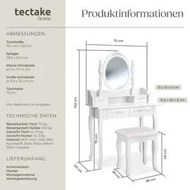 Tectake tectake® Schminktisch, im Antik-Look, mit gepolstertem Hocker, 4 Schubladen, 75 x 40 x 143 cm