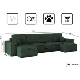 kaiser möbel Ecksofa Cord U-Form mit Schlaffunktion und Bettkasten 2-Sitzer Grün