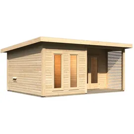 Karibu Saunahaus Mainburg 5 mit Vorraum - 38 mm naturbelassen Set B (Sauna B 2,25 x T 1,9 m mit 3 Liegen 57/52 cm) Ohne Ofen