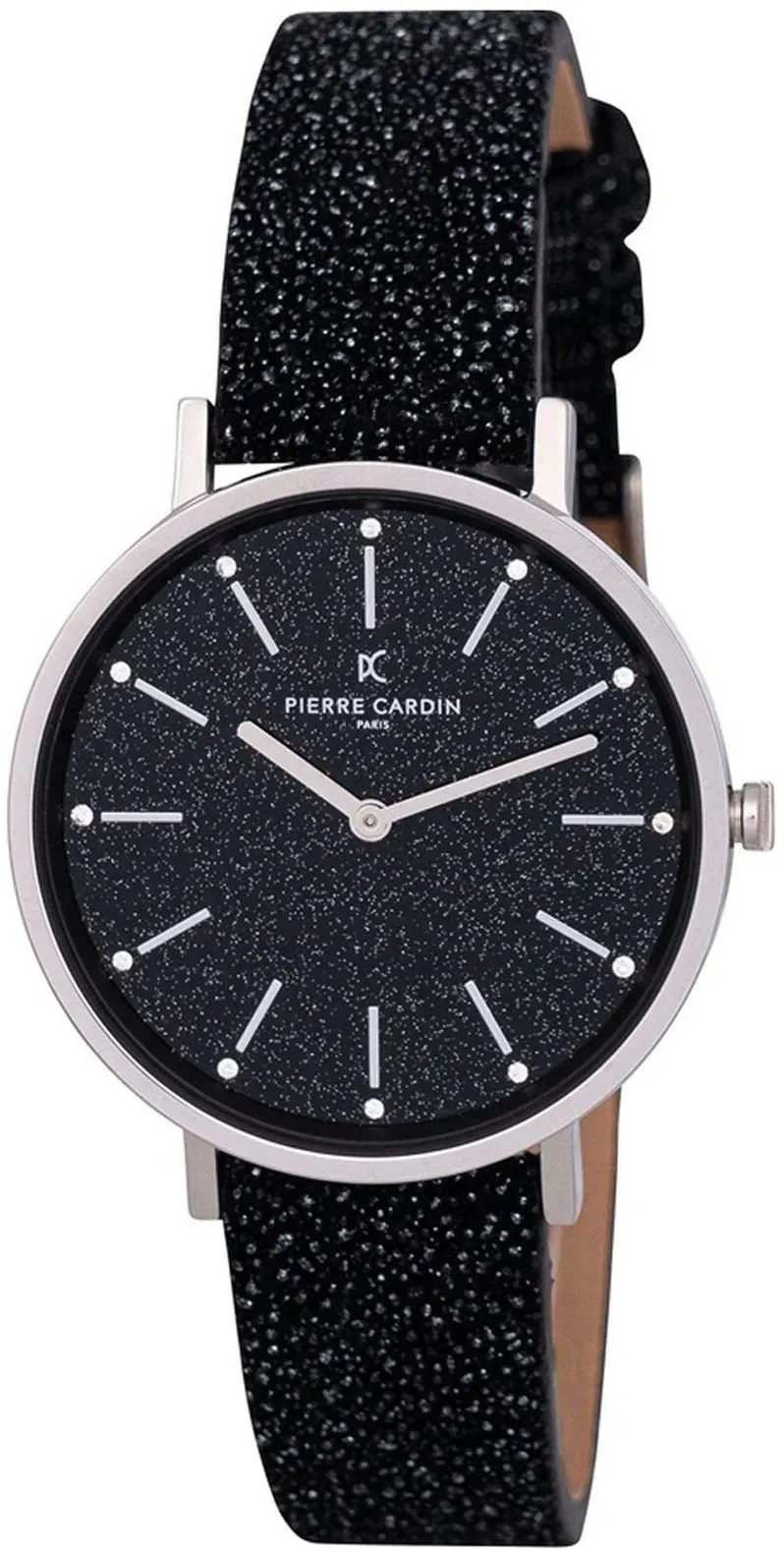 Pierre Cardin Damen Armband-Uhr mit Glitzer-Armband und Strasssteinen im Ziffernblatt analoge Quarz-Uhr mit Leder-Armband 3ATM 36mm CBV.1117 Schwarz/Silber - One-Size