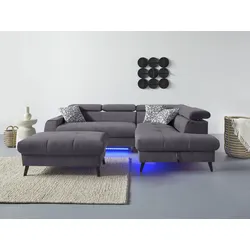 Ecksofa COTTA "Mia L-Form mit 3 Zierkissen", grau, B:244cm H:74cm T:193cm, 100% Polyester, Sofas, wahlweise mit Bettfunktion, Bettkasten, Beleuchtung & Wireless-Charger