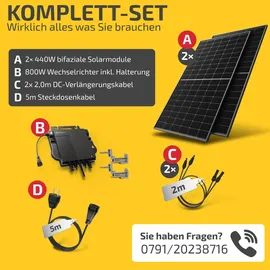 solakon Balkonkraftwerk 1157W Solaranlage Steckerfertig Komplettset Photovoltaik Anlage 800W, Kabellänge: 5m,