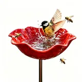Handgefertigter Blumen-Gartenstecker Aus Metall, Doppelfunktions-Metallblumen-Vogeltränke Und Bestäuber-Wasserstation, Rote Vogelbadschale for Hof, Rasen, Terrasse, Landschaftsdekoration(Red,1pcs)