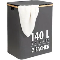 Tasir Wäschekorb | 140 Liter | 2 Fächer | mit Deckel und Bambus-Rahmen | Wäschesammler mit 2x Wäschesack zum herausnehmen | grau-anthrazit | ca. 57x37,5x67 cm | faltbar