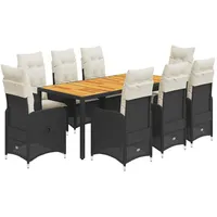 vidaXL 9-tlg. Garten-Bistro-Set mit Kissen Schwarz Poly Rattan