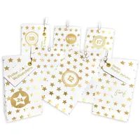 Frau WUNDERVoll DIY Adventskalender zum Befüllen Weihnachtszeit, Blockbodenbeutel 12(L)x7(B)x24(H)cm weiß, goldene Sterne Ziffern gold / Weihnachten, Papiertüte...