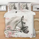 Generisch Pferd Bettwäsche Set, Weiß Pferd Bettbezug Set Wendebettwäsche 140x200 cm, Rosa Blumen Einfache Pflege 2 Teilig mit 1 Kissenbezügen, Weich Mal Bettbezug