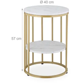 Relaxdays Beistelltisch Marmoroptik, 2 Ablagen, für Wohnzimmer, Metall & MDF, Sofatisch rund, HxD 57x40 cm, weiß/gold