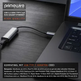 Primewire Netzwerkadapter USB 3.2 Typ C auf RJ45 Buchse LAN Adapter mit USB Typ C