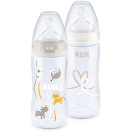 NUK First Choice+ Twin Set mit Temperature Control | kiefergerechter Trinksauger | 2x 300ml Flaschen | BPA-frei | 0-6 Monate | beige & weiß