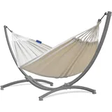 Potenza Outdoor Hängematte mit Gestell für 2 Personen I Baumwolle Doppelhängematte XXL 220x160, 200kg I Hängemattengestell 220kg, wetterfest (Ecru, Gestell Grau)