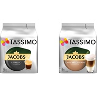 Tassimo Kapseln Jacobs Espresso Classico, 80 Kaffeekapseln, 5er Pack, 5 x 16 Getränke & Kapseln Jacobs Typ Latte Macchiato Classico, 40 Kaffeekapseln, 5er Pack, 5 x 8 Getränke