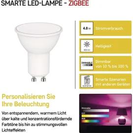 EMOS GoSmart LED-Reflektorlampe, MR16 ZigBee 4,8W Ersatz für 35W, Helligkeit 400 lm, RGB, Lichtfarbe 2700-6500 K, ZigBee Gateway, kompatibel mit Tuya GoSmart-App, Sprach-Assistant, GU10 Sockel, Weiß