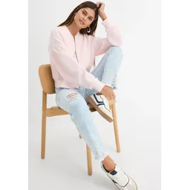 bonprix Mom-Jeans BONPRIX, Damen, Gr. 36, N-Gr, blau used, Denim/Jeans, Obermaterial: 82% Baumwolle, 17% Polyester, 1% Elasthan, regular fit, Jeans, modischer Schnitt, Regular Fit, ausgefranster Saum