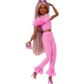 Barbie Deluxe Style-Puppe Nr. 4 mit weichem rosafarbenem Jumpsuit und rosa und braunen geflochtenen Zöpfchen