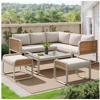 Flieks Gartenlounge-Set, 7-Sitzer Polyrattan Gartenmöbel Balkonset mit verstellbaren Fußpads beige