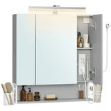 VASAGLE Spiegelschrank Badezimmerschrank mit Steckdosen, Hängekorb, Haartrockner-Halter grau 70 cm x 75 cm x 16.5 cm